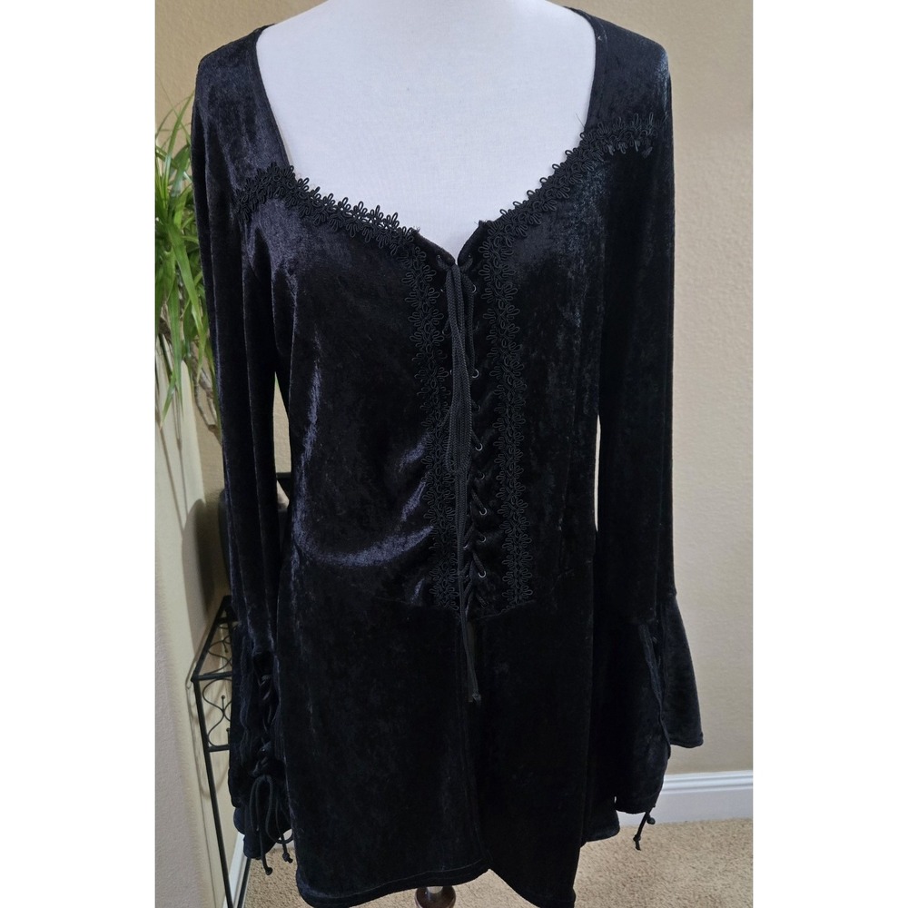 Vtg Lip Service Velvet Dress XL Y2K Lace‎ Up Bell Sleeve Top Corset Goth Grunge